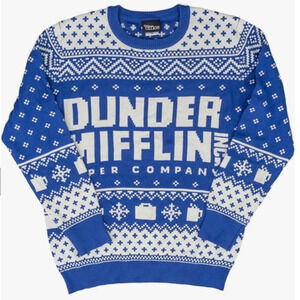 The Office Dunder Mifflin Sweater Blue Gray Christmas Ugly Jumper Size Large